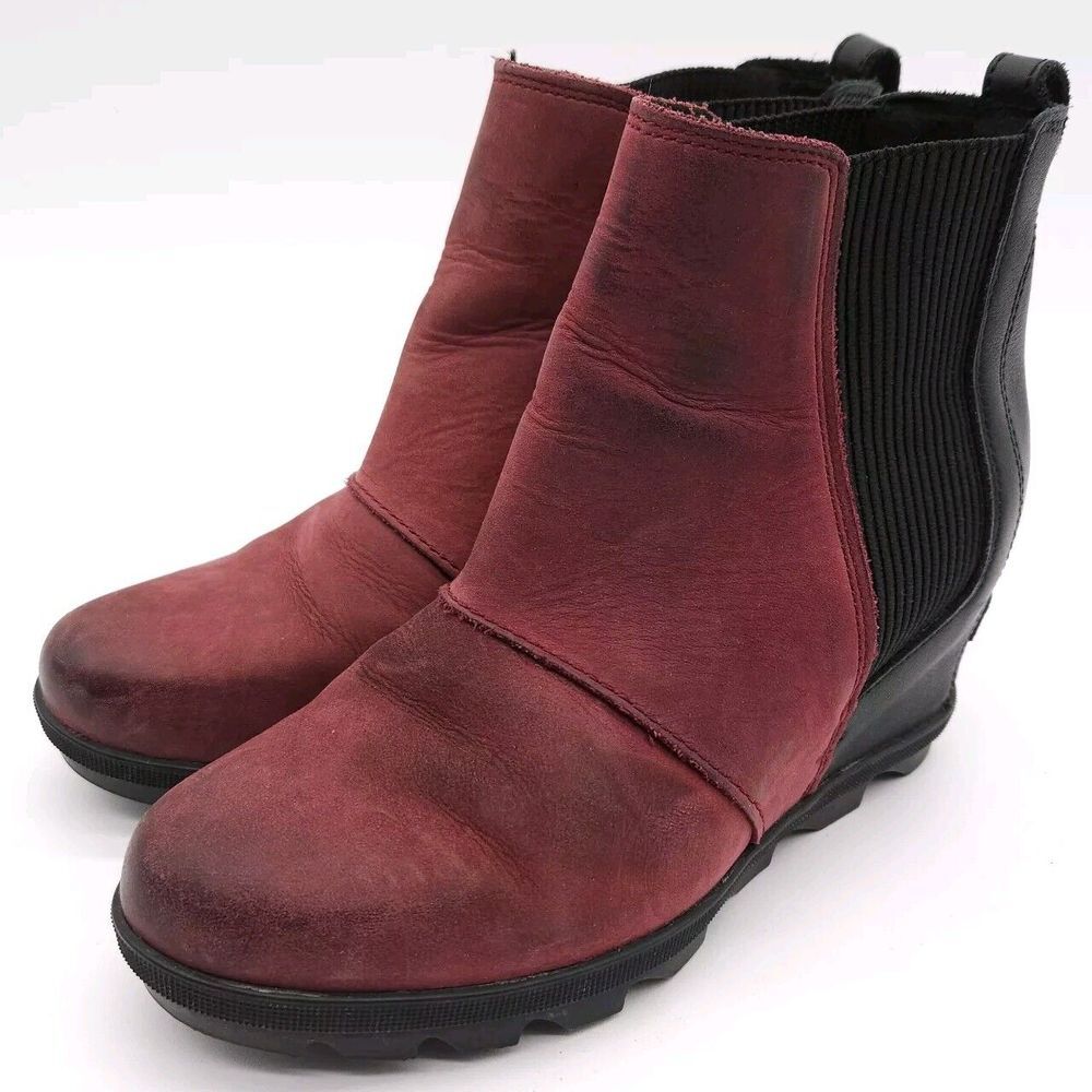 Sorel (Womens 7) Joan of Arctic Chelsea Ankle Boots Red Suede Hidden Wedge Heel